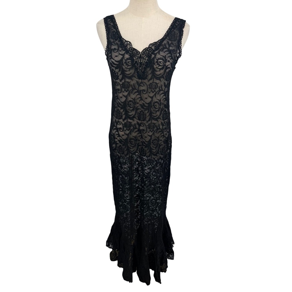 Frederick's of Hollywood Sheer Lace Dress Large Blk Beaded Maxi Mermaid Vintage